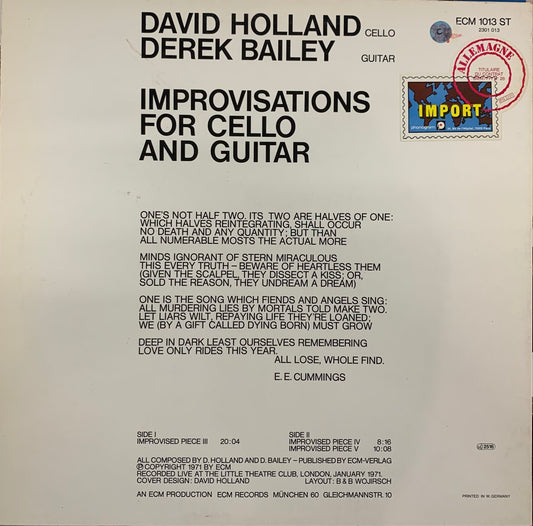【USED】David Holland / Derek Bailey - Improvisations For Cello And Guitar (LP)