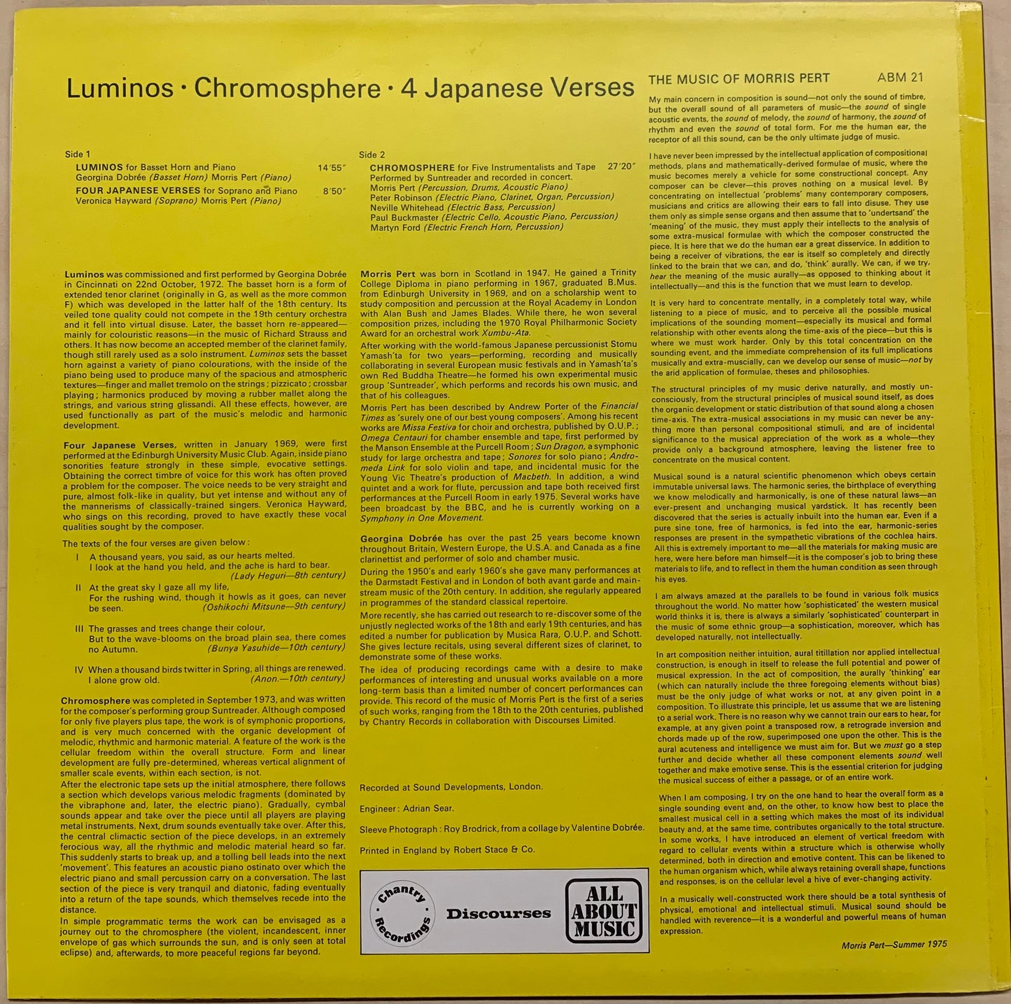 【USED, UK Orig】Morris Pert - Luminos / Chromosphere / 4 Japanese Verses (LP)