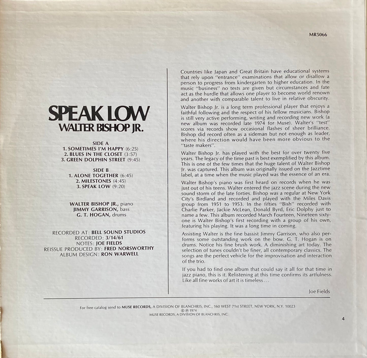 【USED】Walter Bishop Jr. - Speak Low (LP)