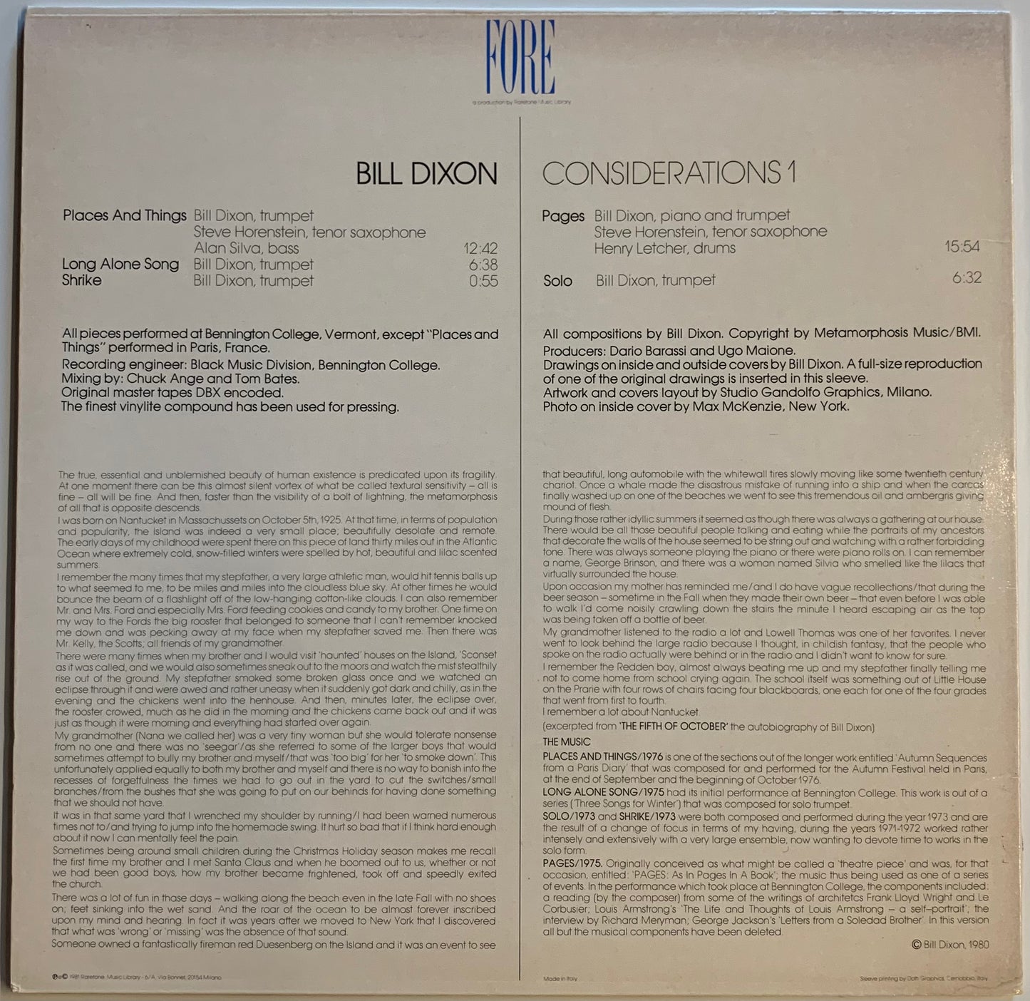 【USED】Bill Dixon - Considerations 1 (LP)