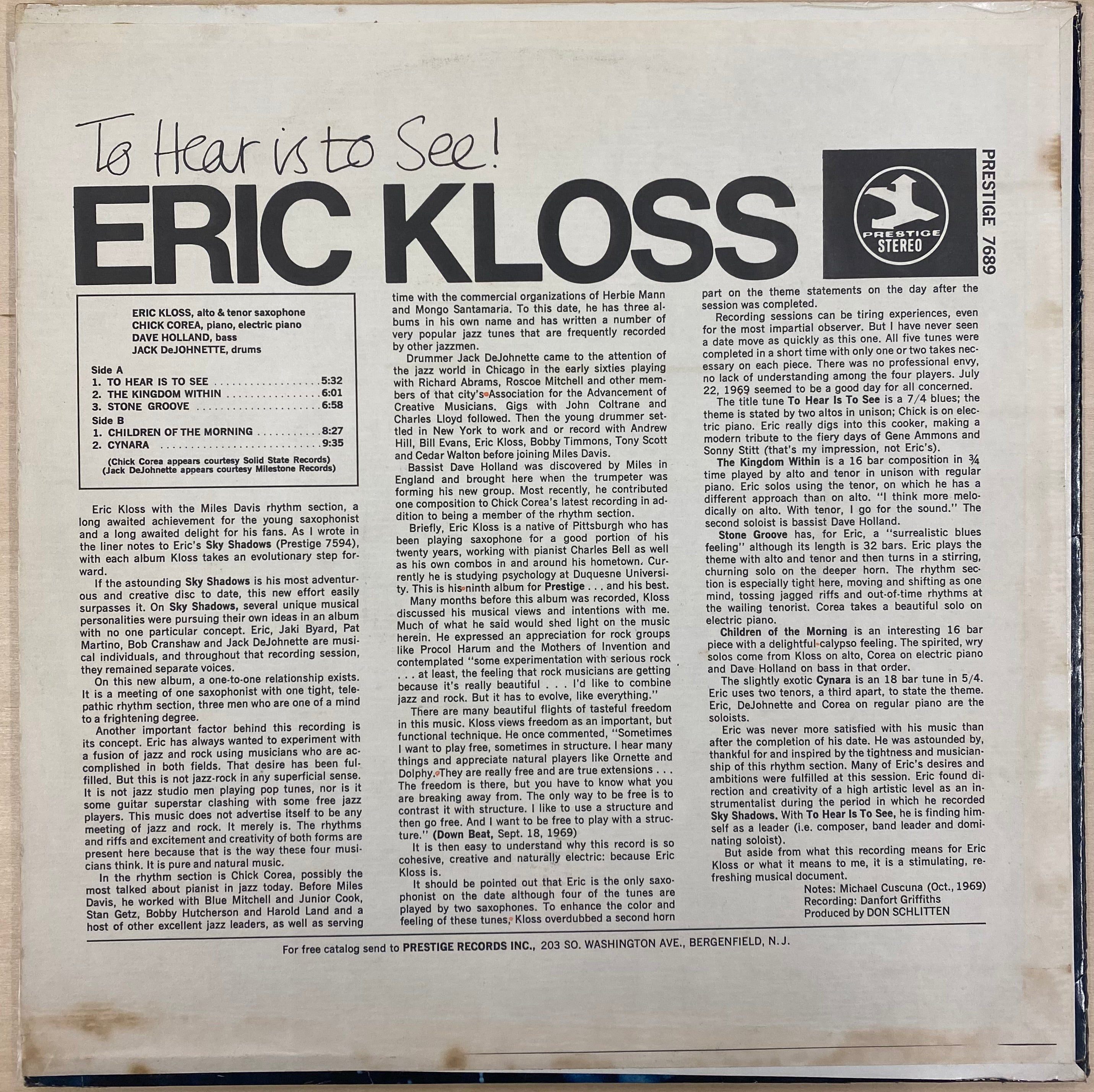 中古LP】Eric Kloss - To Hear Is To See – CELLAR RECORDS