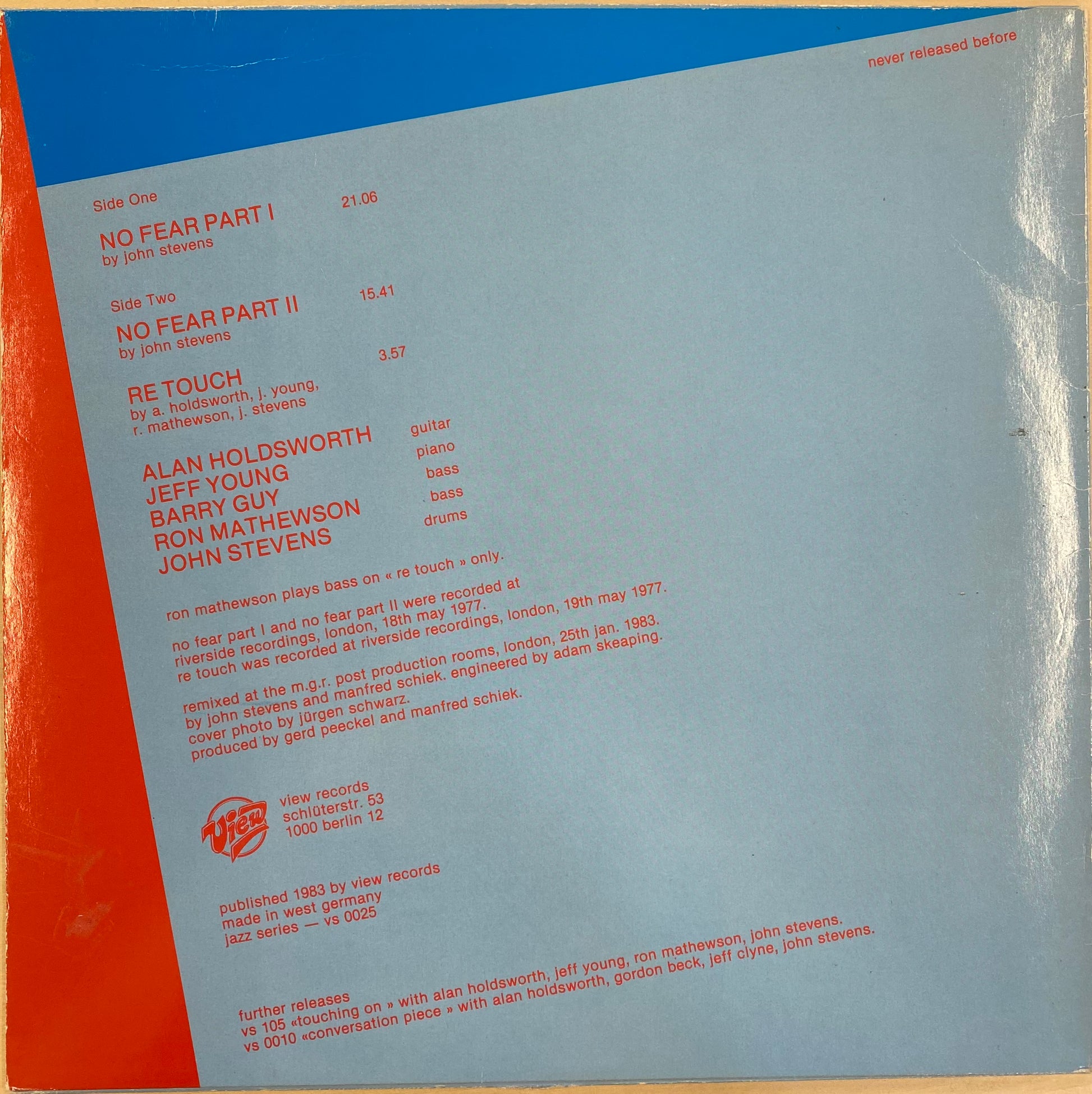 Allan Holdsworth, John Stevens, Jeff Young, Barry Guy, Ron Mathewson