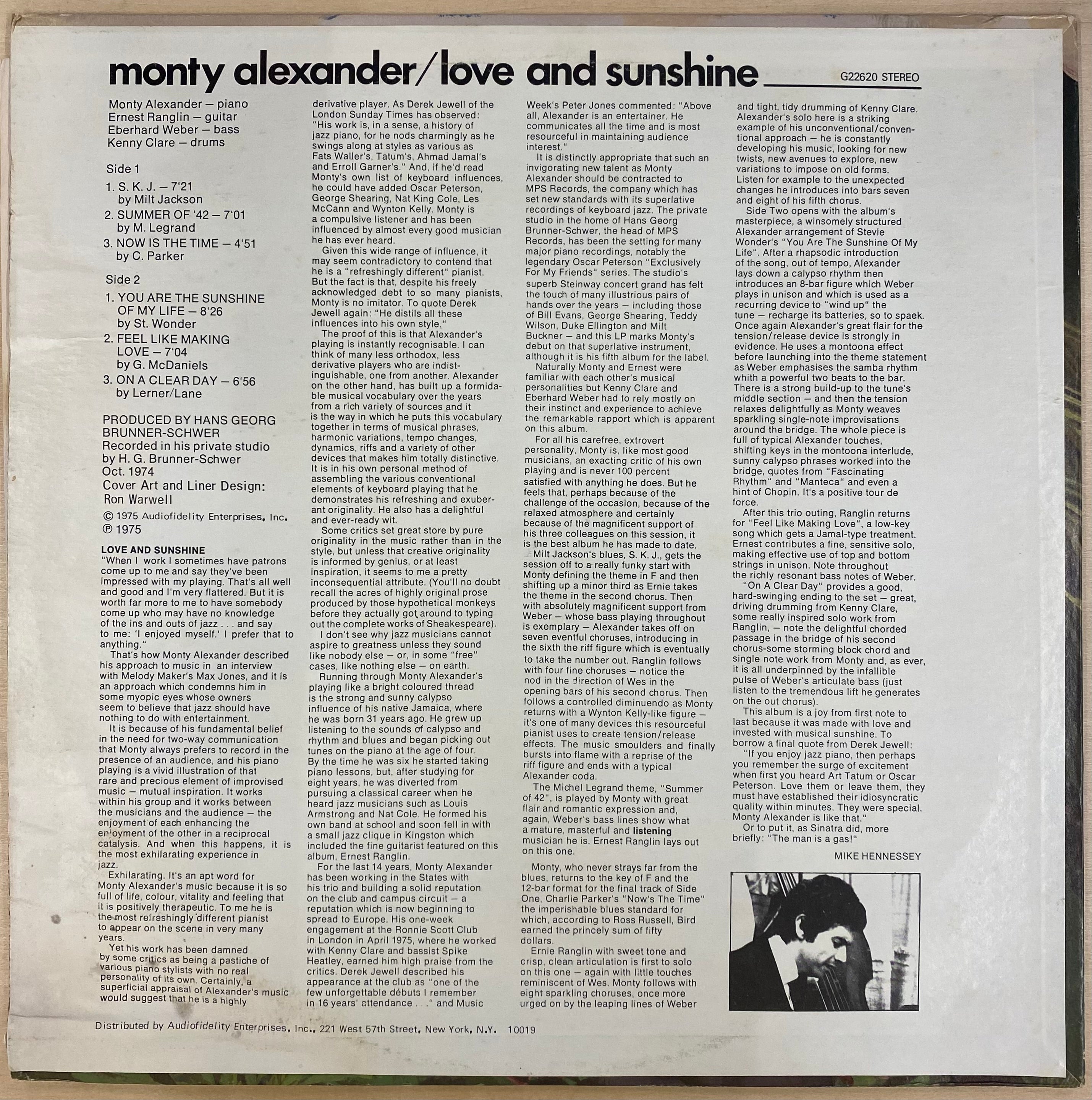 中古LP / USオリジナル】Monty Alexander - Love And Sunshine